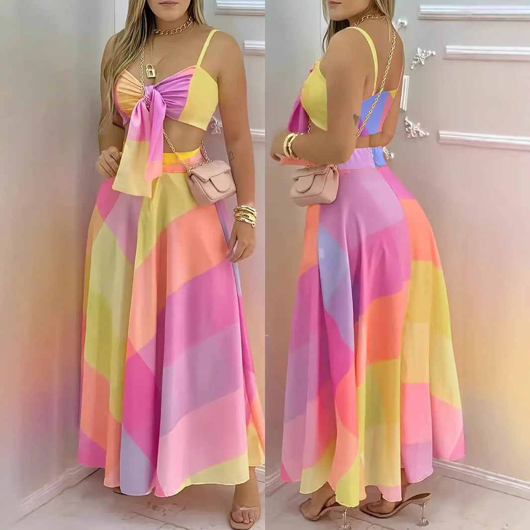 Sexy Strappy Lace-up Midriff-baring Top With Geometric Print And A Zippered Midi Skirt