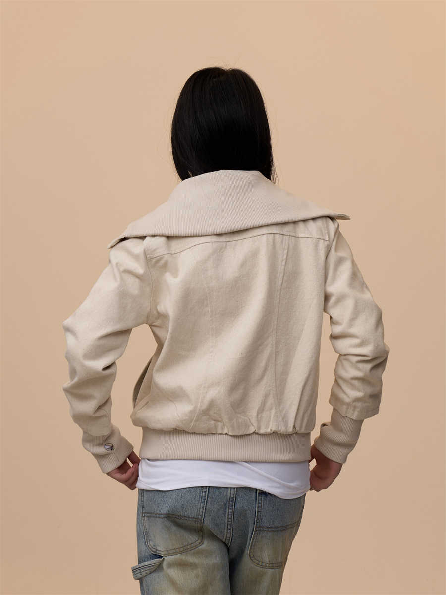 Antique Beige Lapel Design Jacket For Women Baggy Coat