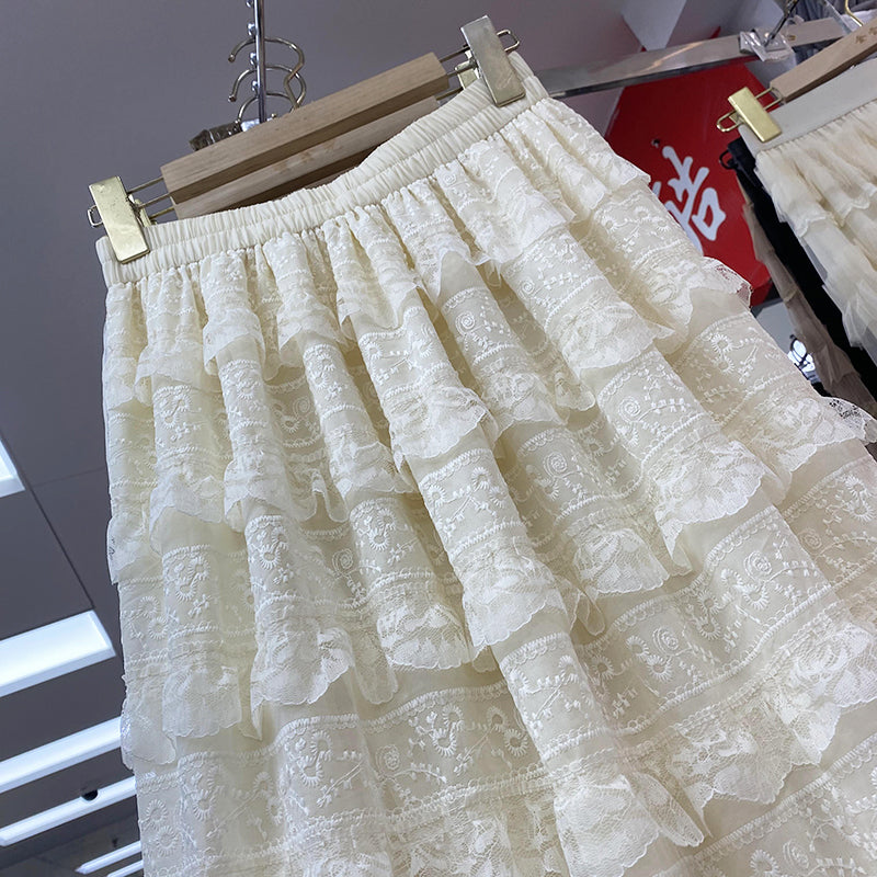 New High Waist Slimming French Layered Lace Stitching Cake Dress Skirt For Women