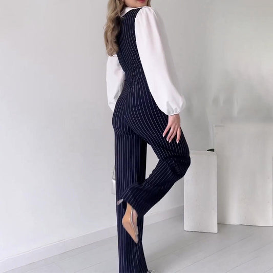 Color Contrast Patchwork Fashion High Waist Striped Straight Jumpsuit