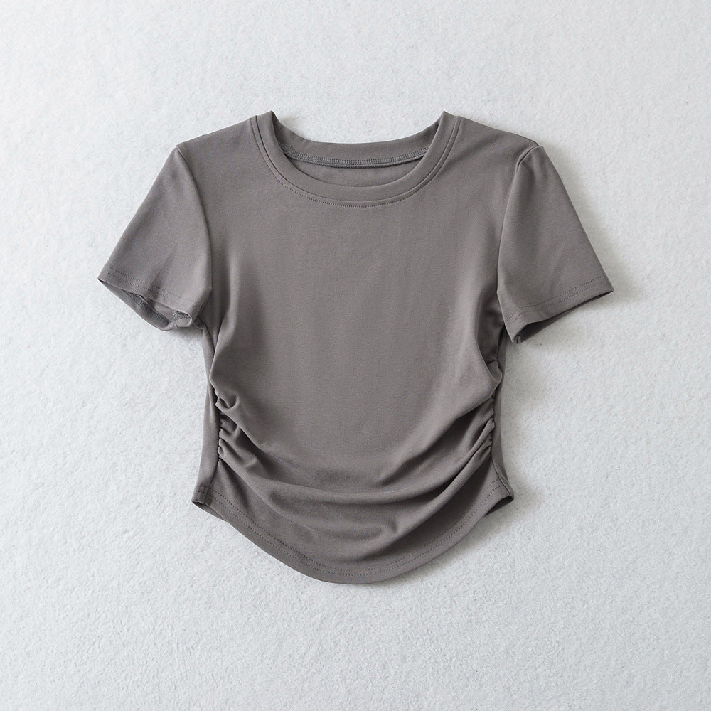 Spring Slim-fitting Top Hot Girl Drawstring Round Neck T-shirt