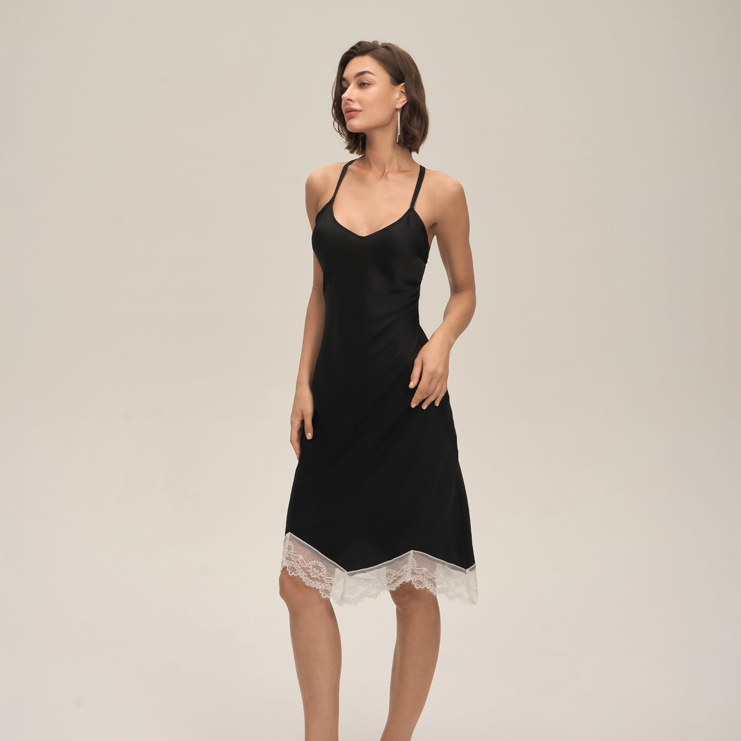 Solid-color Satin Patchwork Lace Backless Camisole Pajamas