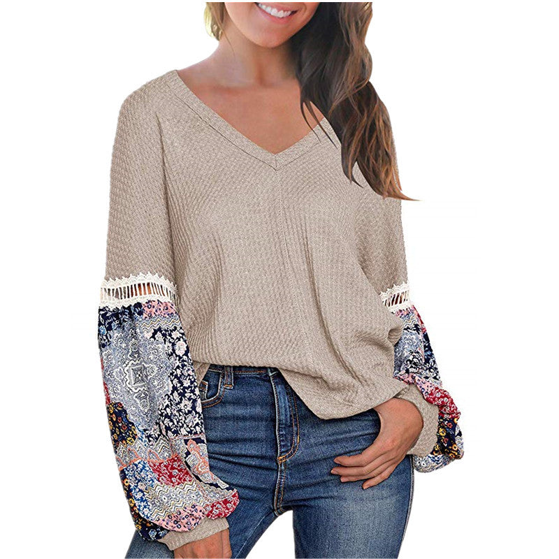 New European And American Autumn And Winter V-neck Waffle Loose Printed Long-sleeved T-shirt