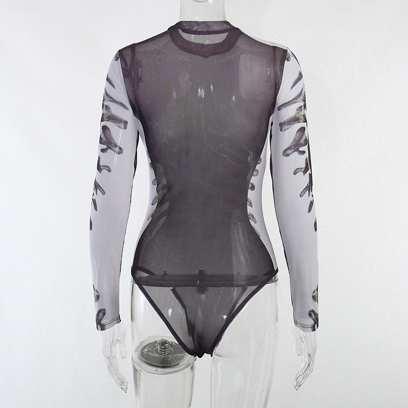 Human Body Digital Print Long Sleeve Crew Neck Mesh Yarn Perspective Jumpsuit