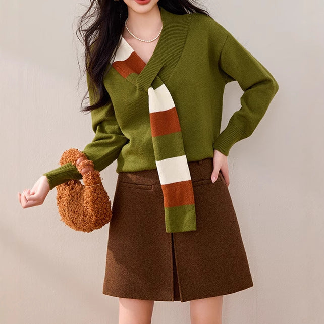 Niche Stribet V-hals Sweater Dame Alsidig Falsk Todelt Frakke