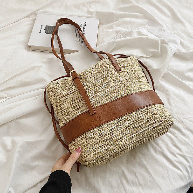 Women's Patchwork One Shoulder Straw Woven Bag