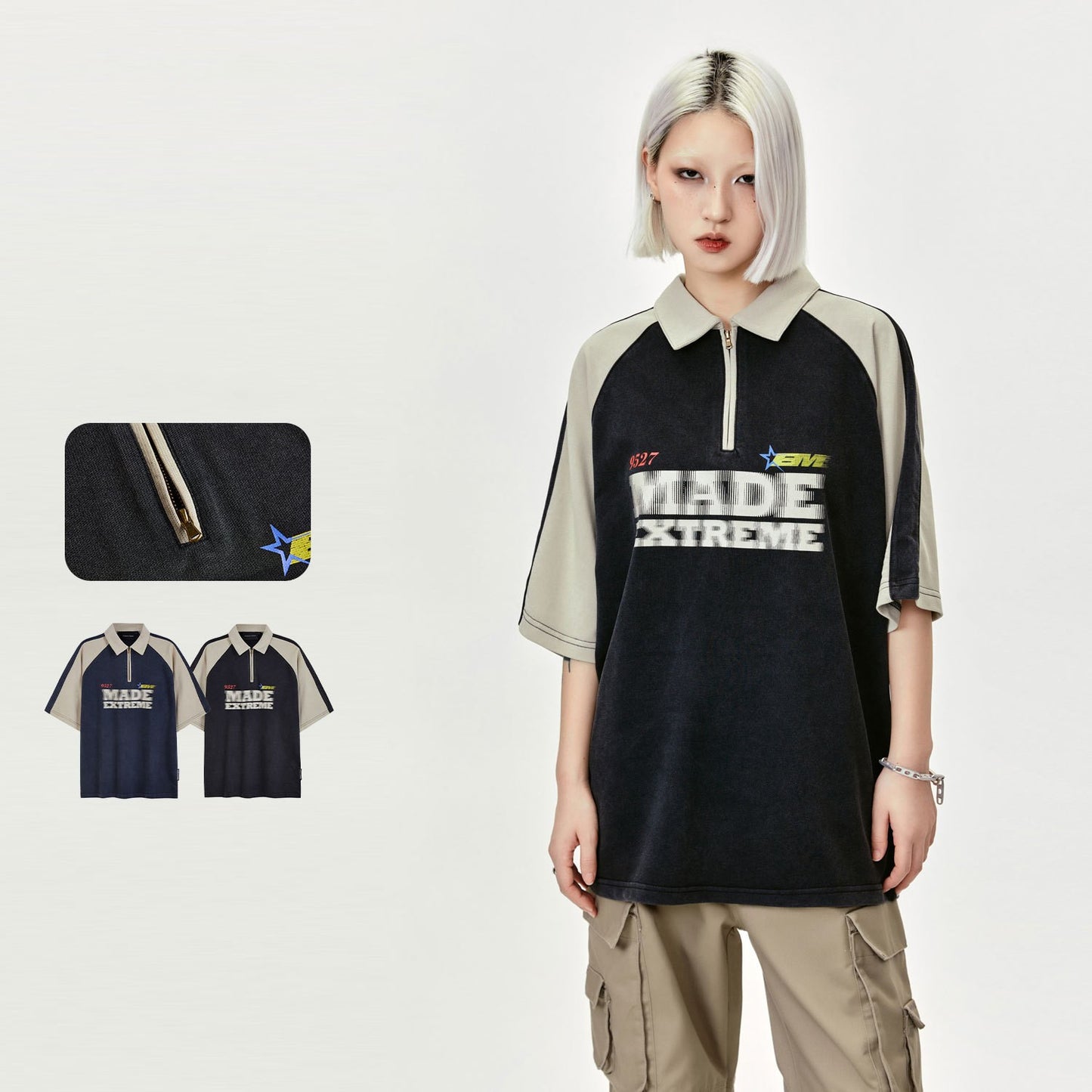 Retro Contrast Color Half Zipper Printed Letter Short Sleeve Polo Shirt