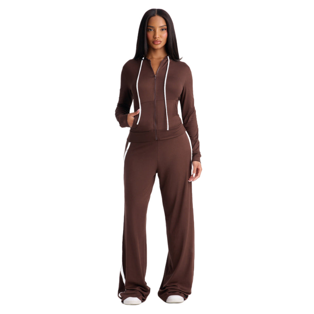 Stylish Color-Block Patchwork Two-Piece Set With A Hooded Top
