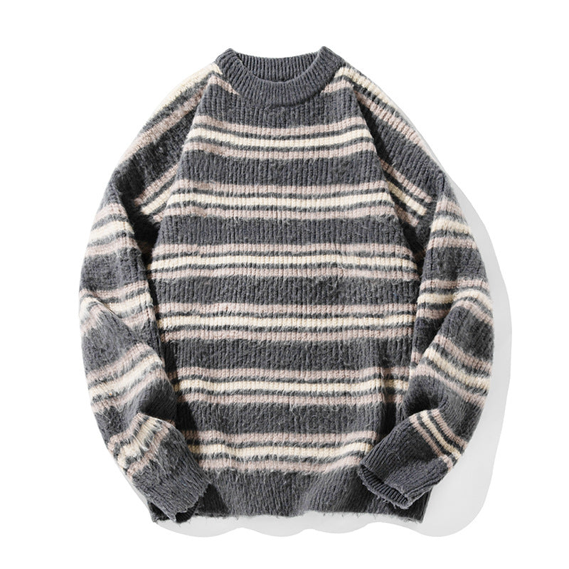 Japanese-style Retro Contrast Color Striped Round Neck Sweater Men's Autumn And Winter