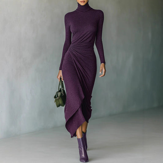 Womens High Neck Defined Waist Asymmetrical Wrap Dress