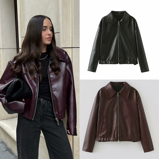 Solid Color Square Collar Leather Jacket Coat