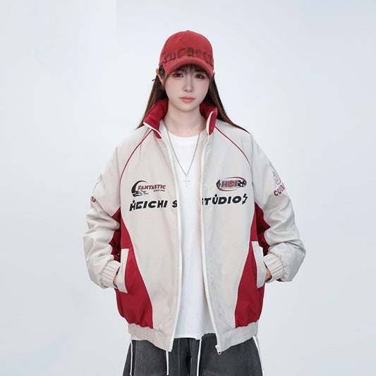 Retro Printing Color Contrast Stand Collar New Loose Casual Cotton-padded Jacket Coat