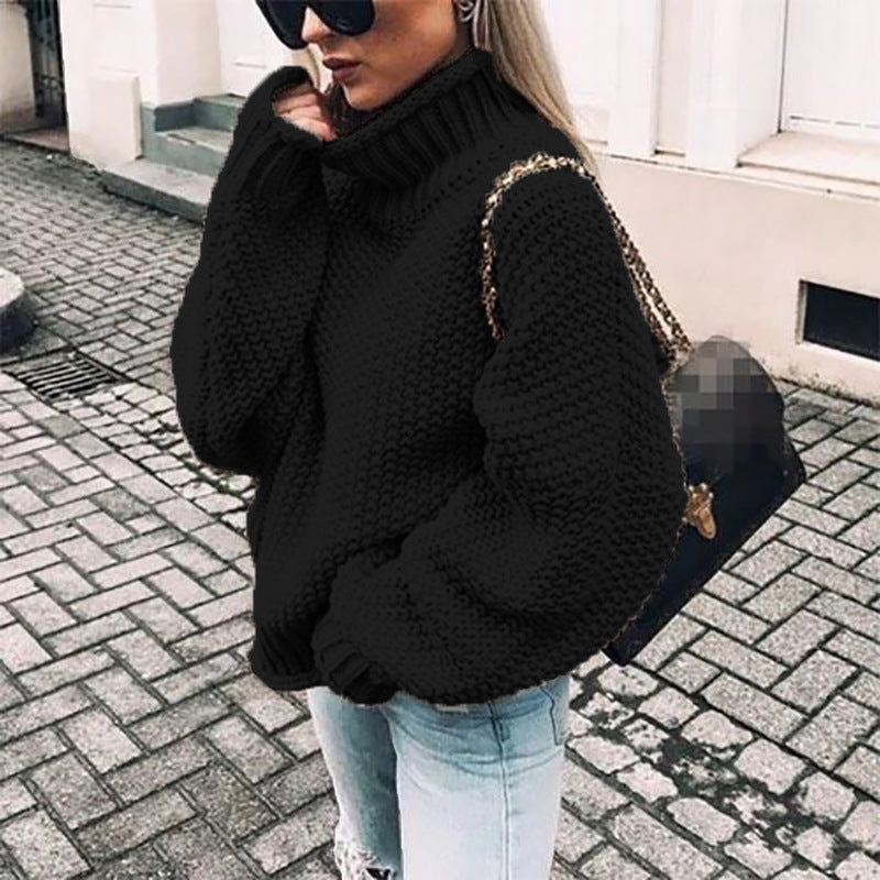 Curled High Neck Bat Sleeve Knitted Sweater