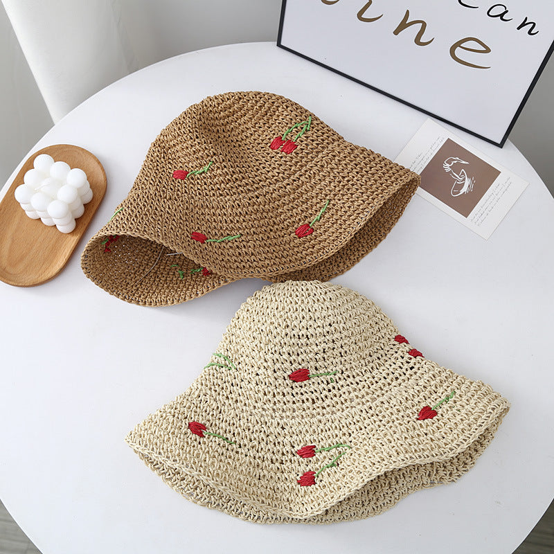 Wavy Brim Straw Fisherman Knitted Hat