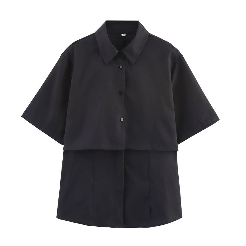 Simple Short-sleeved Lapel Double-layer Design Casual Long-sleeved Shirt