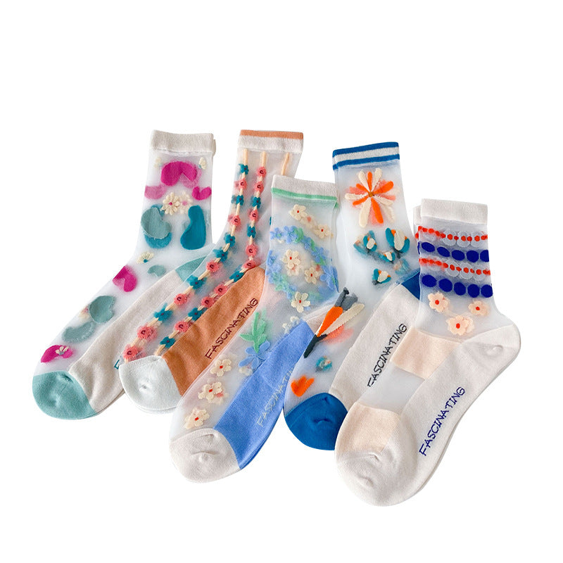 Small Flower Socks Breathable Glass Silk Ladies Cotton Socks