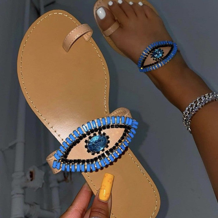 Sapphire Rhinestone Set Toe Flat Slippers European And American Large Size