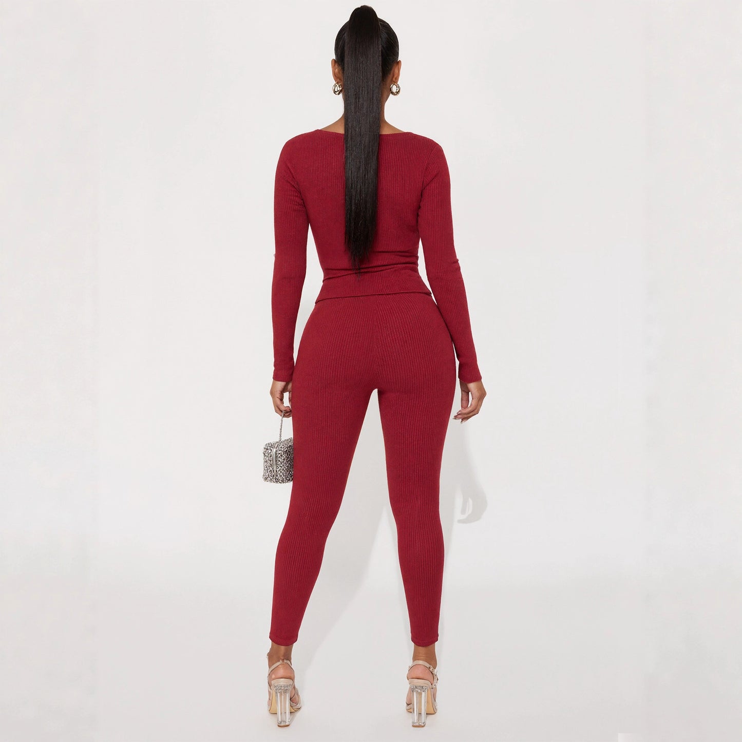 Women's Sexy Girl Chest Tie Long Sleeve Long Pants Solid Color Slim Two-piece Set