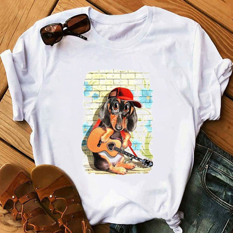 T-shirt med hundehvalpeprint til kvinder