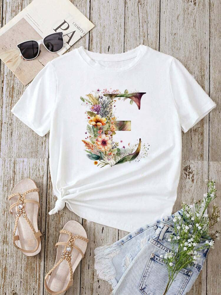 Stylish Womens T-shirt Featuring A Floral Letter Font With The First Letter Of Your Name Short-sleeve Top In White