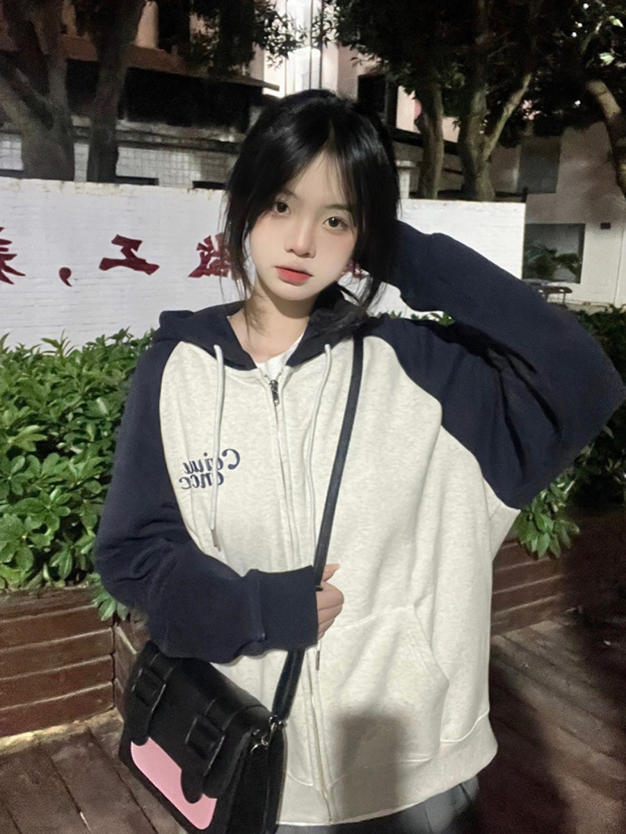 Women's American Retro Contrast Color Hooded Sweatshirt Loose Cardigan Coat