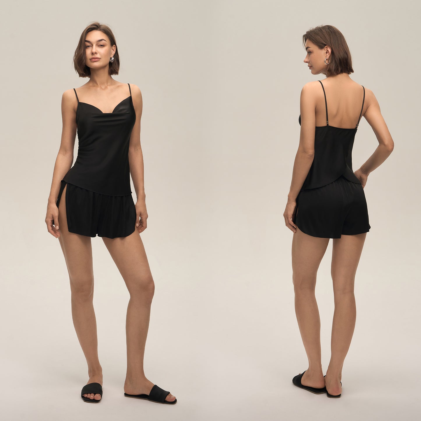 Womens Sexy Solid-Color Scoop-Neck Camisole And Shorts Set