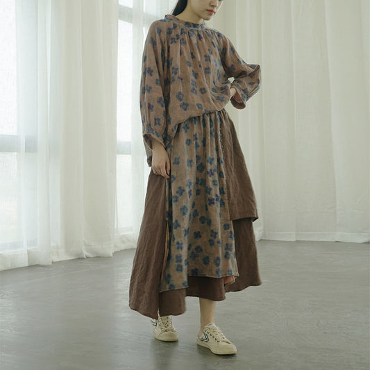 Retro Nostalgic Blue Dyed Printed Irregular Long Dress