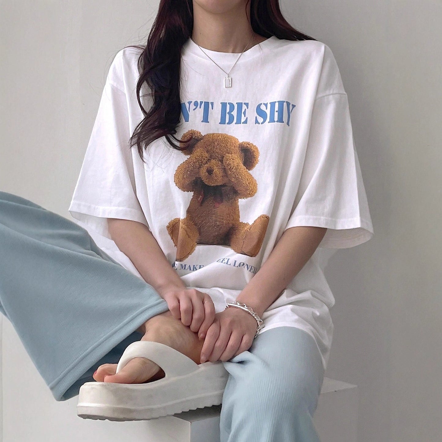 Loose-fitting Short-sleeve T-shirt With A Little Bear Print For Women Perfect For Summer