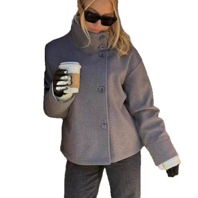 Women's Jacket Stand Collar Single Breasted Loose Woolen Coat