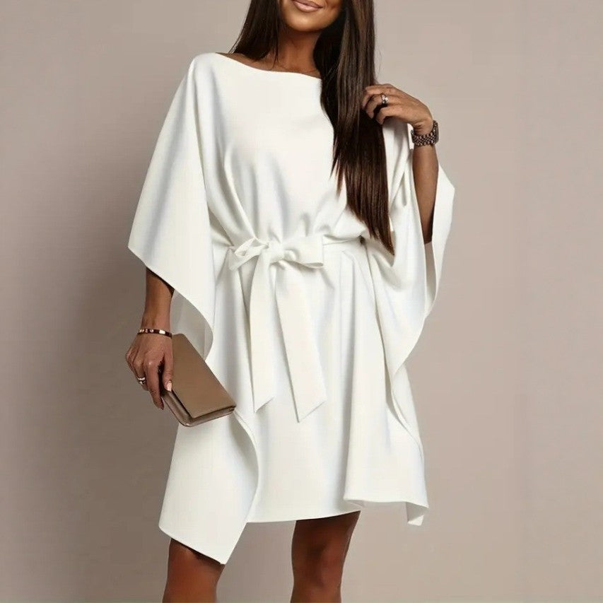 New Womens Loose Casual Dress In White With Batwing Sleeves And A Tie Waist