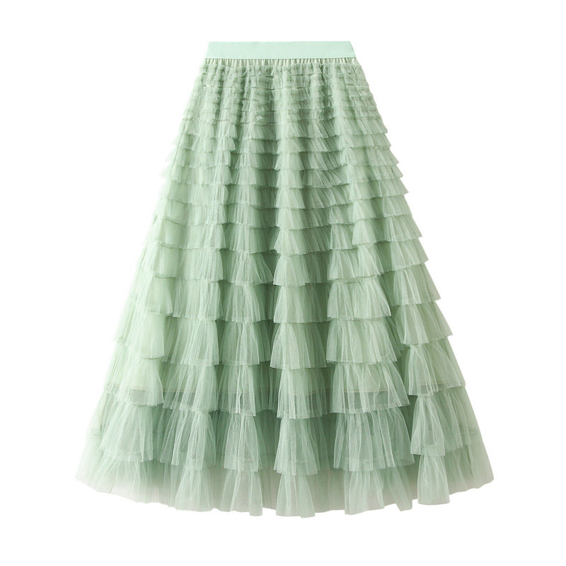 Line Mesh Ruffle Skirt Women's Temperament Sweet Long Skirt Slim Cupcake Dress Womens Clothing