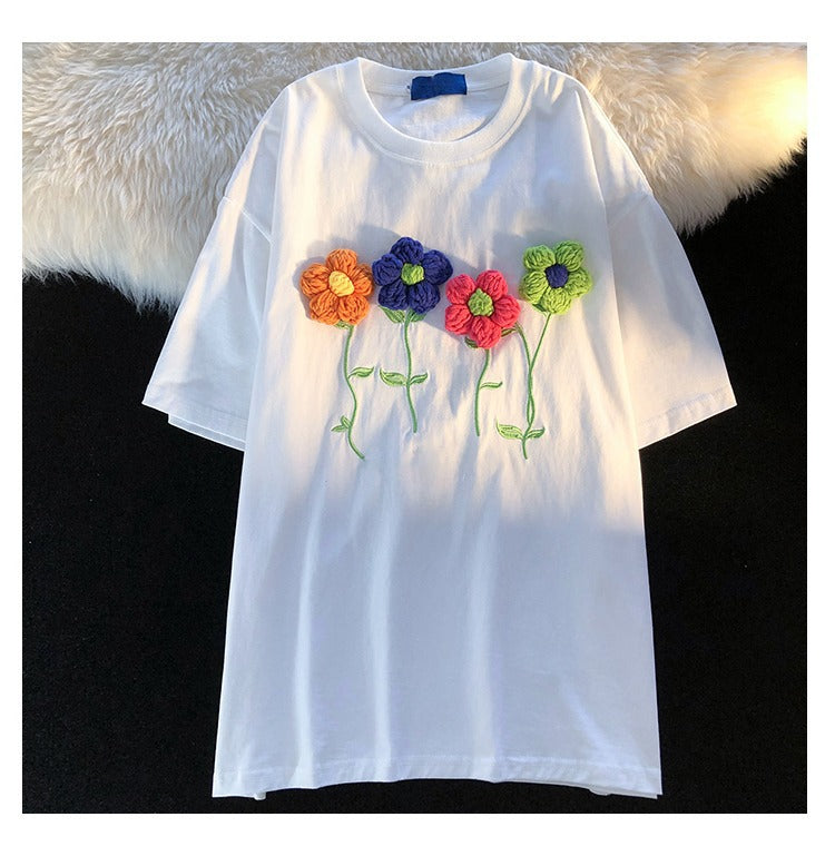 Women's Summer Loose Three-dimensional Flower Short-sleeved T-shirt