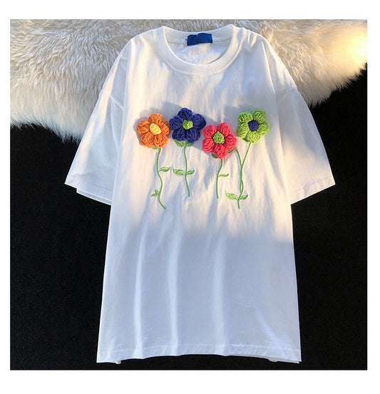 Women's Summer Loose Three-dimensional Flower Short-sleeved T-shirt
