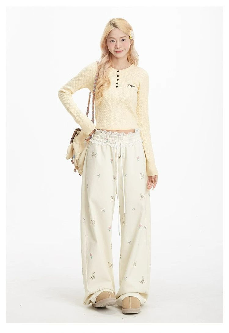 Womens Lace-Patchwork Casual Straight Pants With Puppy Print