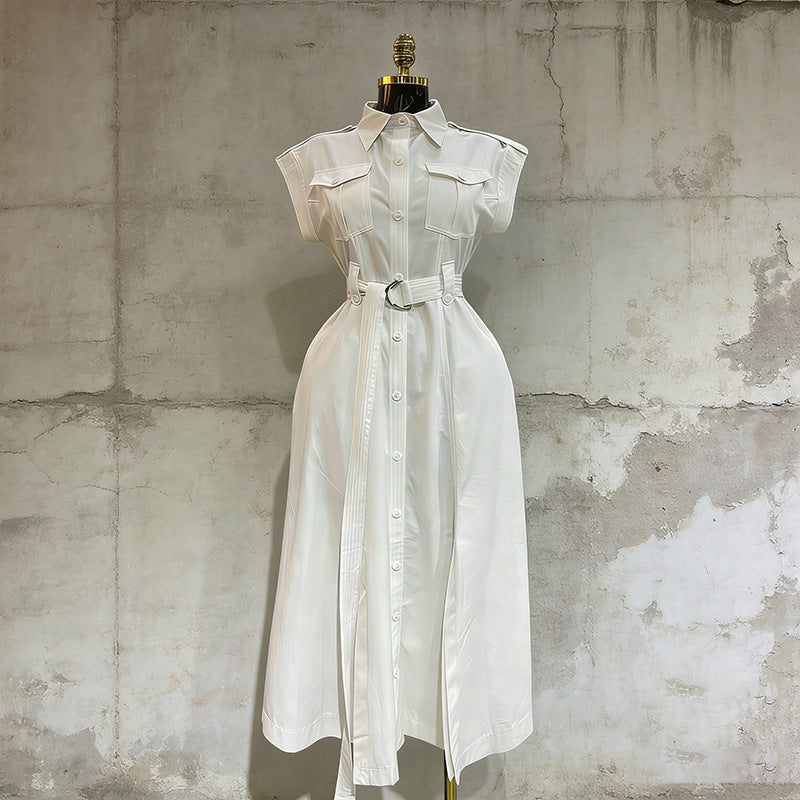 Fashionable Lapel Single-breasted Pocket-designed Sleeveless Maxi Dress