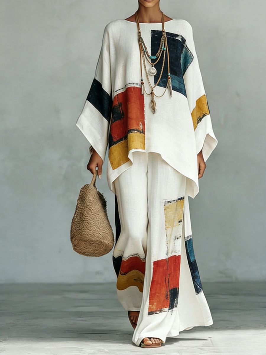 Women's Floral Print Linen Wide-Leg Two-Piece Set