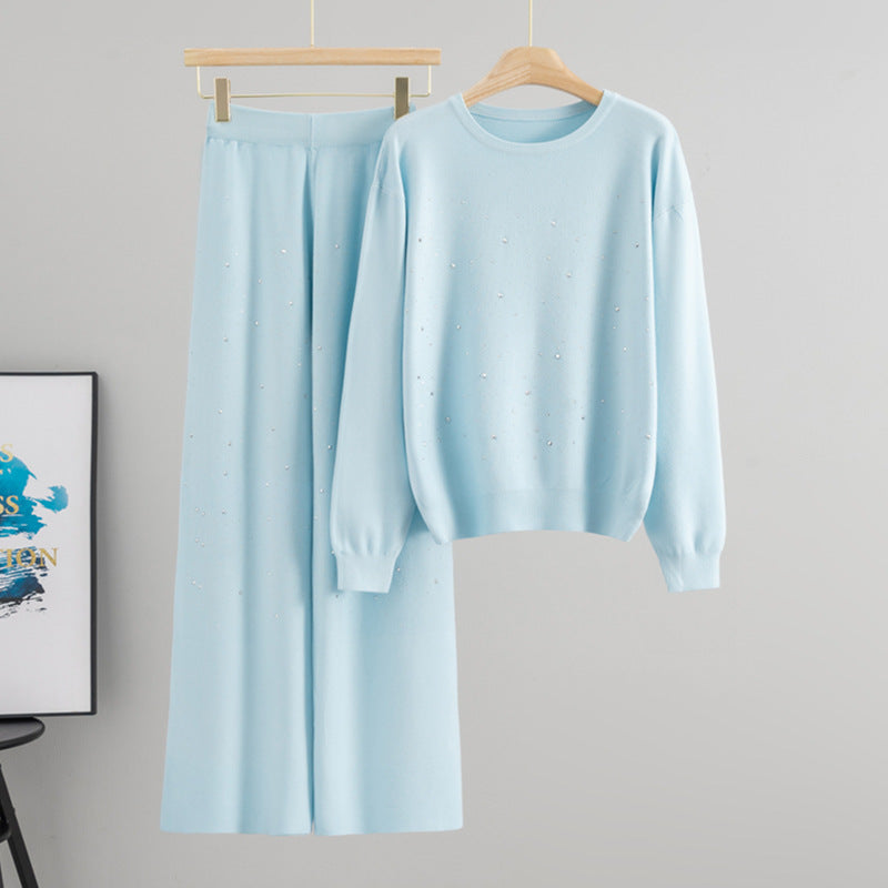 Starry Hot-Stone Round-Neck Pullover Knit Set