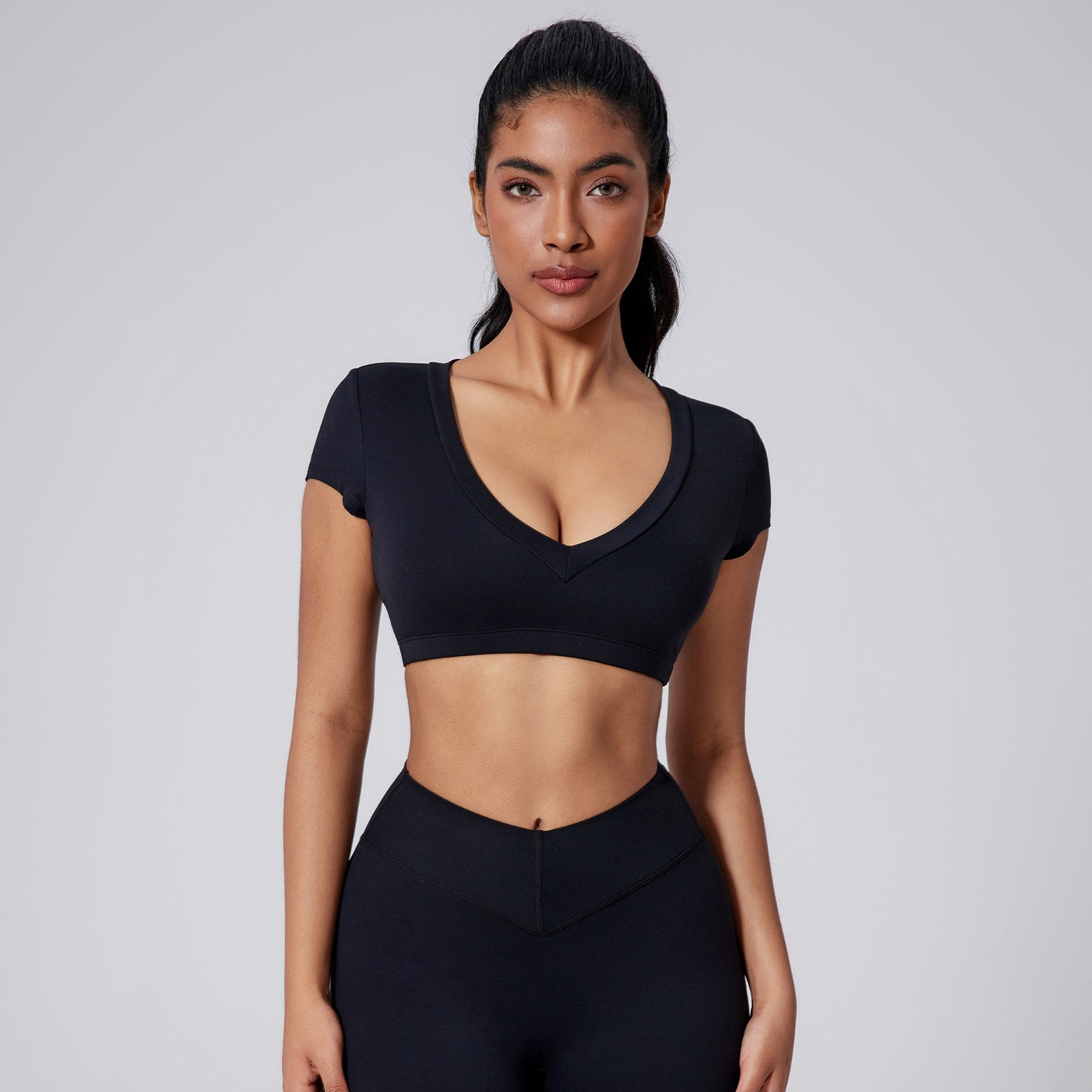 Brushed Tight Short T Deep V Shaping Back Hollow Sexy