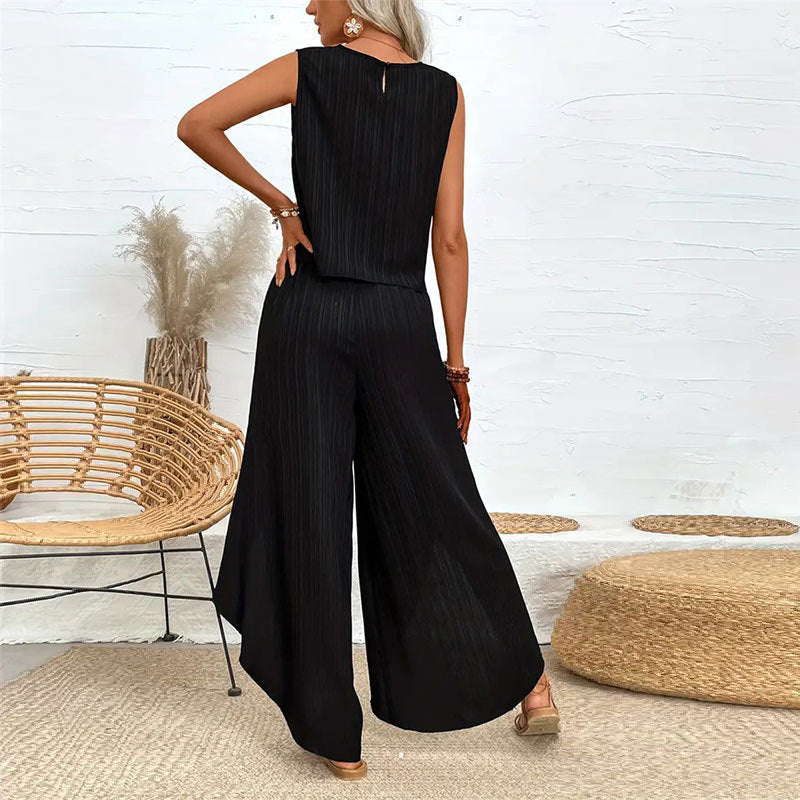 Casual Pants Wide-leg Pants Crew-neck Sleeveless T-shirt Two-piece Set