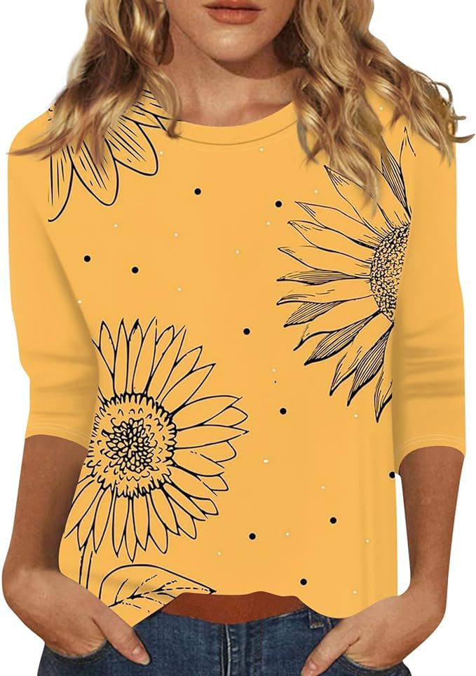 Women's Top Three-quarter Sleeve Summer Ethnic Floral Slim Fit Cute Top Round Neck Slim Fit Printed T-shirt