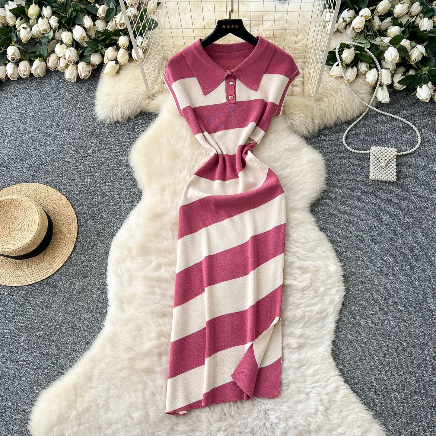Niche Vintage-style Fashion Polo-neck Short-sleeve Contrast-striped Knit Dress