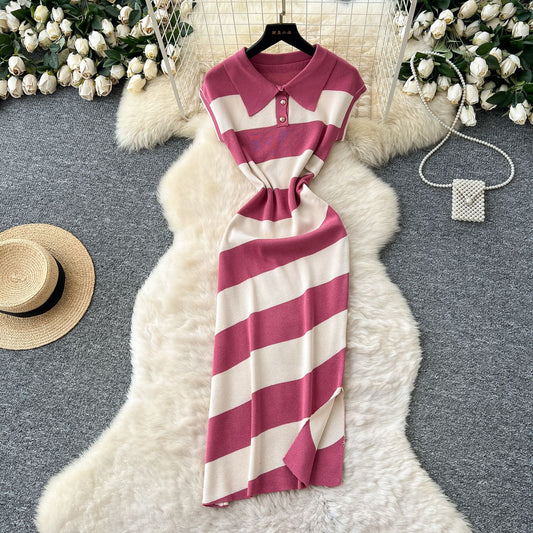 Niche Vintage-style Fashion Polo-neck Short-sleeve Contrast-striped Knit Dress