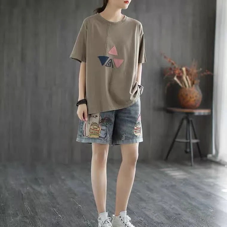 Elastic Waist Ripped Embroidered Vintage Straight Pants