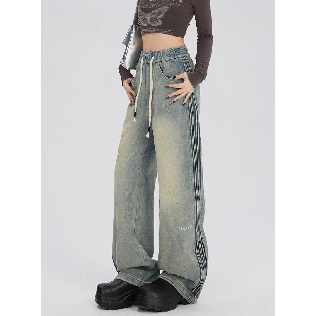 Side Wrinkle Design Elastic Waist Jeans