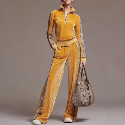 Leopard-print Patchwork Casual Long-sleeve Pants Set For Women