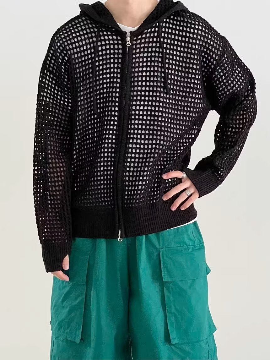 Hollow-out Hooded Knitted Sweater Men's Coat