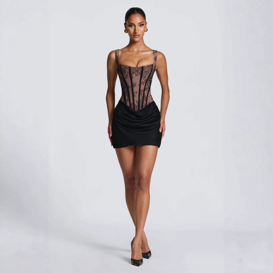 Lace-Panel Pleated Slip Dress With Floral Strap And Defined Waistline