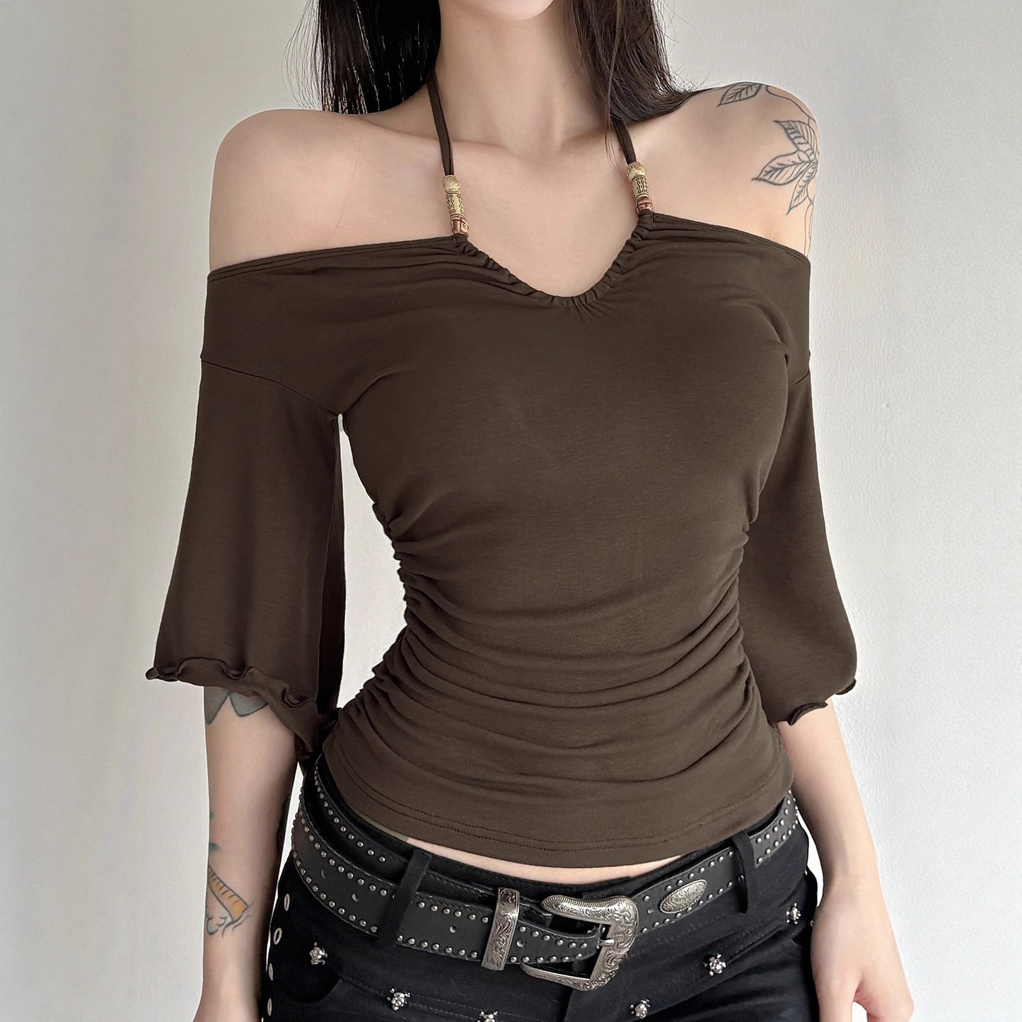 American-style Vintage Off-shoulder Figure-hugging Beaded Halter Womens Blouse