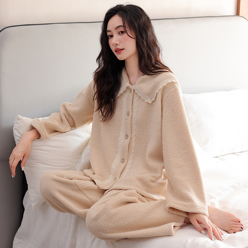 Womens Flannel Pajama Set With Thick Fleece Lining