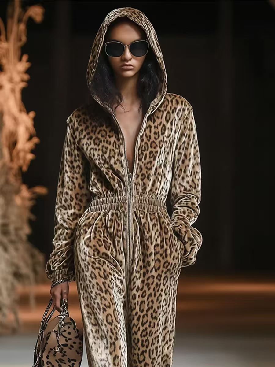 Womens Hooded Long-sleeve Leopard-print Jumpsuit With Long Pants
